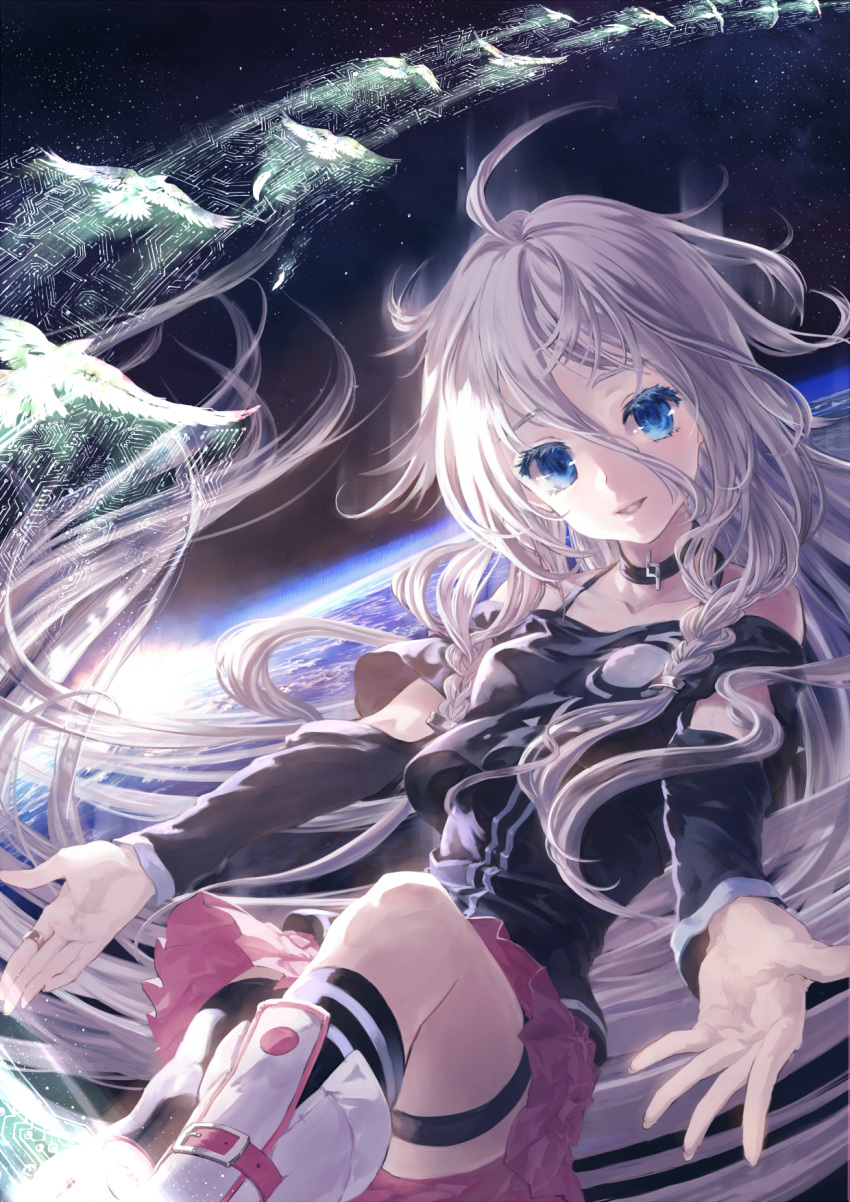 1girl, asymmetrical_legwear, black_legwear, blue_eyes, collar, collarbone, highres, ia_(vocaloid)