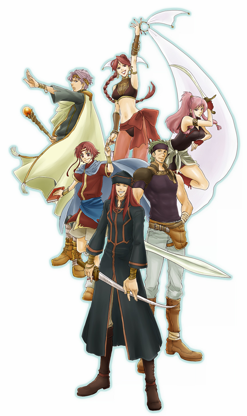 2girls, 4boys, arm_up, armlet, armpits, bandages, bangs, bare_shoulders