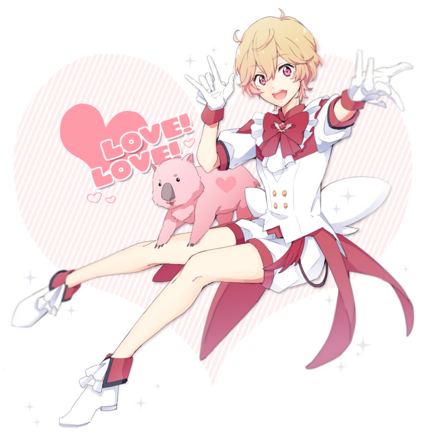 1boy, \m/, binan_koukou_chikyuu_bouei-bu_love!, blonde_hair, blush, full_body, gloves, hakone_yumoto