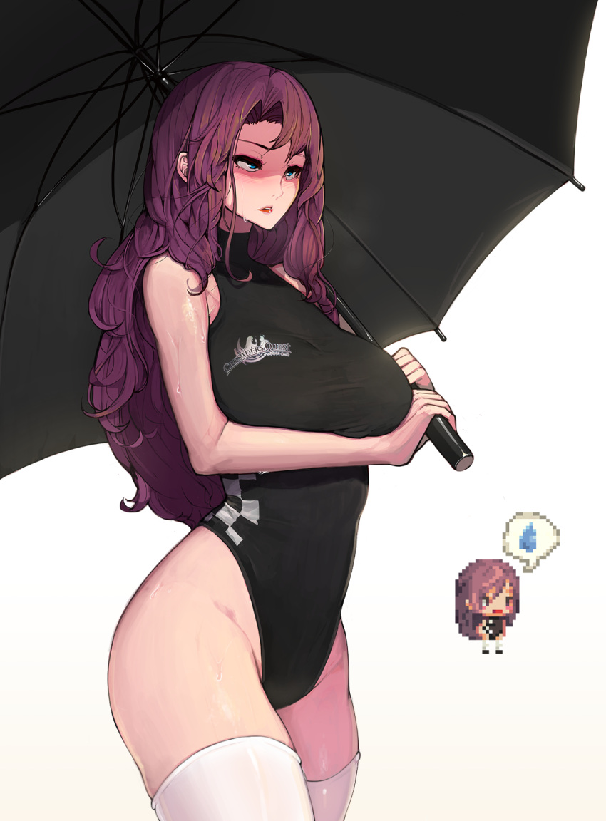 1girl, bare_shoulders, blue_eyes, breasts, brown_hair, happening18, highleg, highleg_leotard