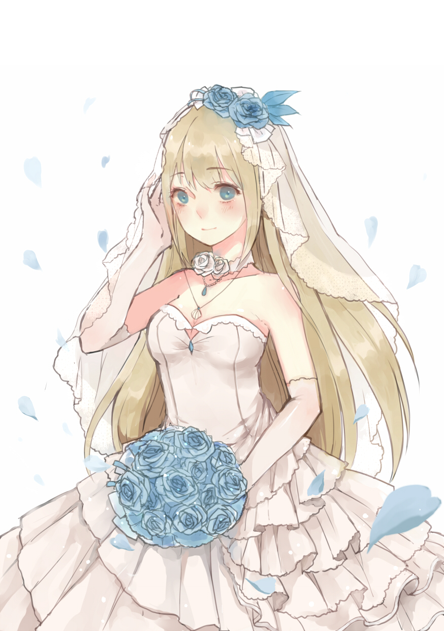 1girl, alternate_costume, asterisk_(17765839), bare_shoulders, blonde_hair, blue_eyes, blue_rose, blush, bouquet, breasts, bridal_veil, closed_mouth, commentary_request, cowboy_shot, dress, elbow_gloves, eyebrows, eyebrows_visible_through_hair, flower, frilled_dress, frills, gloves, hair_flower, hair_ornament, hand_in_hair, highres, holding_bouquet, jewelry, lexington_(zhan_jian_shao_nyu), looking_at_viewer, necklace, pendant, petals, rose, seashell, shell, smile, solo, veil, wedding_dress, white_background, white_dress, white_gloves, white_rose, zhan_jian_shao_nyu