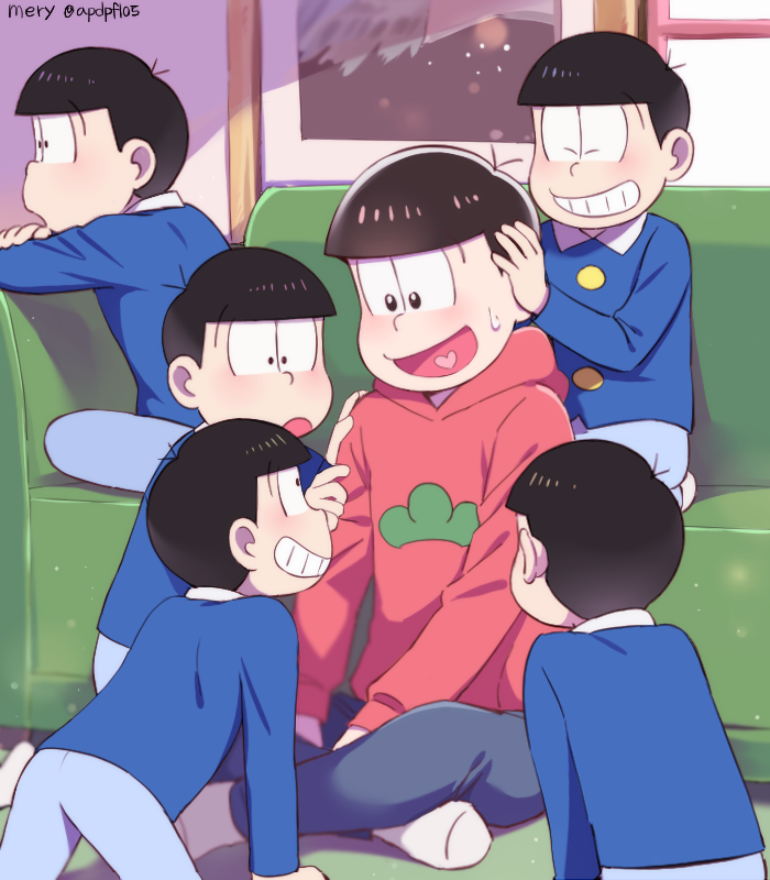 6+boys, artist_name, brothers, couch, head_rest, heart, heart_in_mouth, hood
