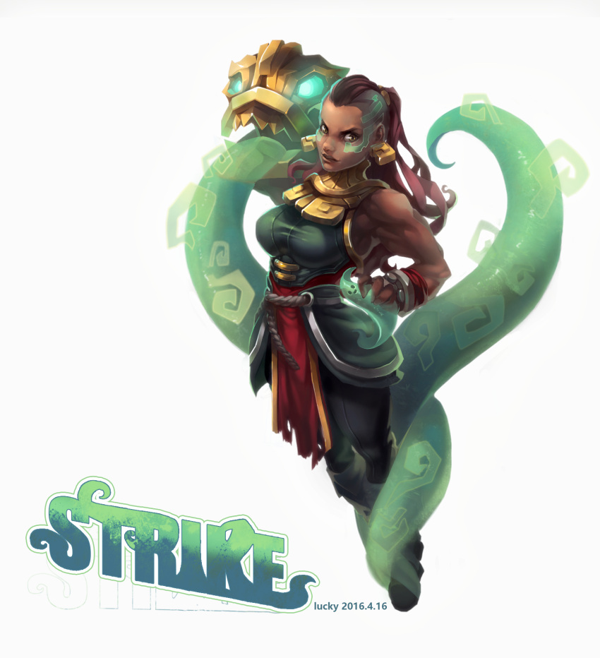 1girl, artist_name, bare_shoulders, brown_hair, dark_skin, earrings, facial_mark, highres, illaoi, jewelry, league_of_legends, long_hair, luckiiy, ponytail, simple_background, solo, tentacles, white_background