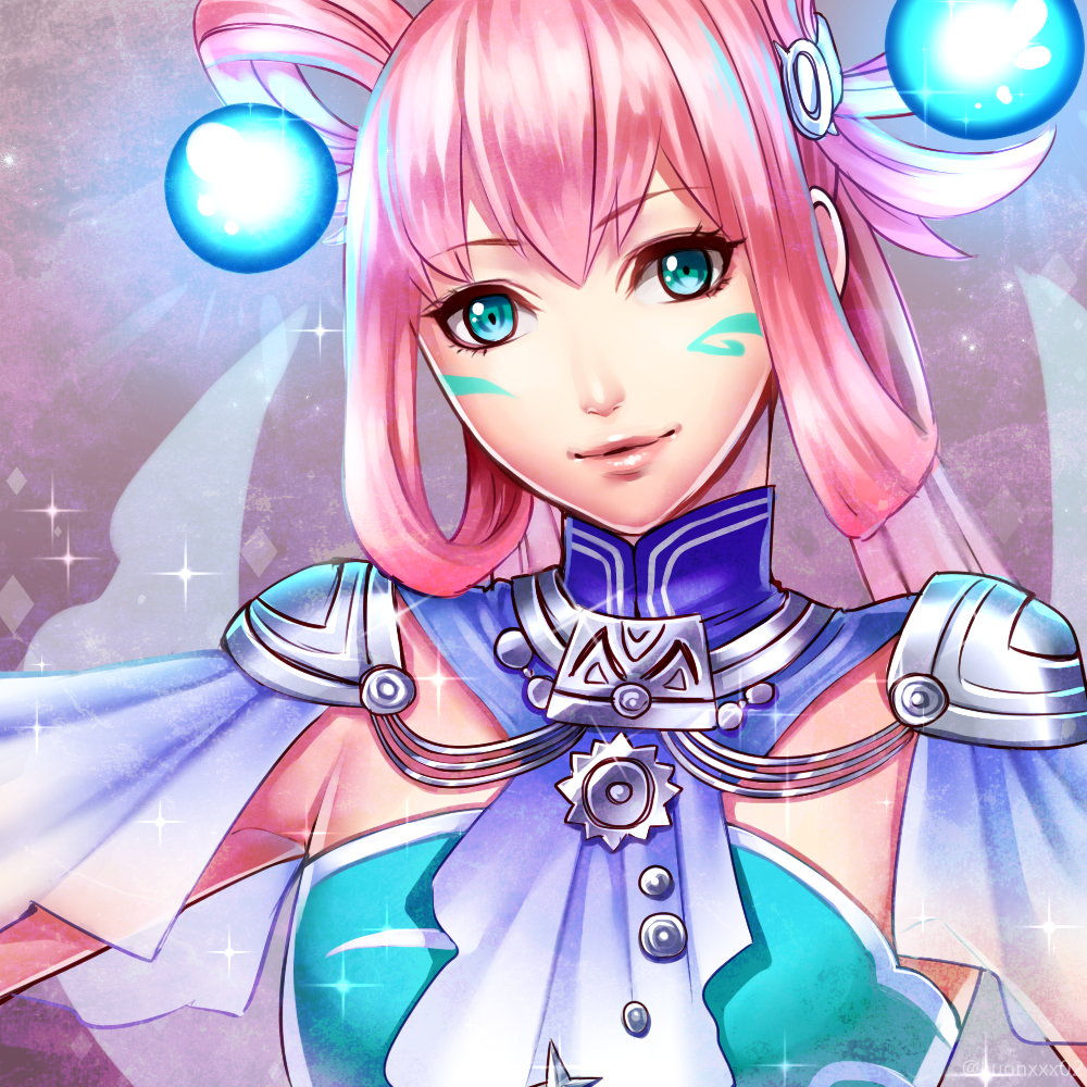 1girl, akatsuki_(kuon), blue_eyes, crystal_ball, facial_mark, hair_ornament, lixia, long_hair, pink_hair, portrait, shin_sangoku_musou, solo, sparkle