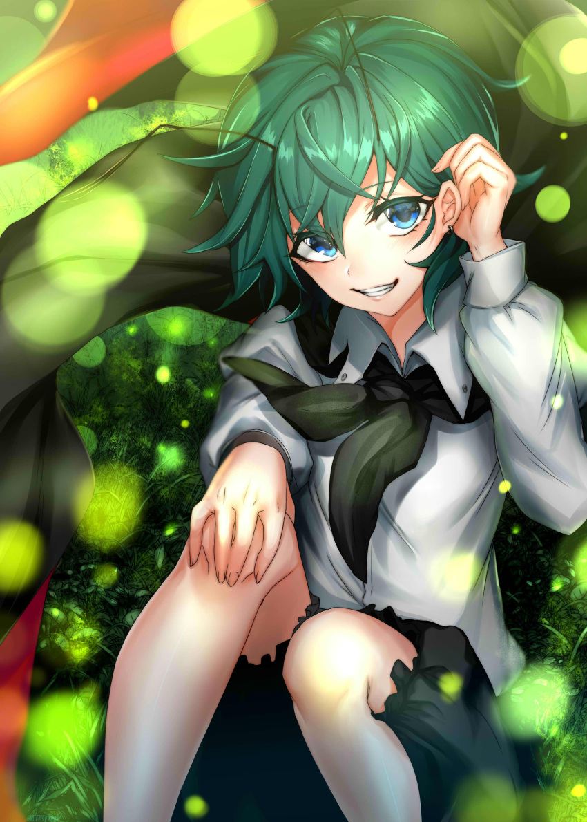 1girl, absurdres, antennae, bifrst, black_cape, black_shorts, blue_eyes, blush