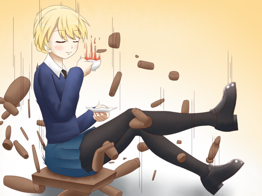 1girl, amezuku, black_legwear, black_shoes, blonde_hair, blue_skirt, commentary_request, cup
