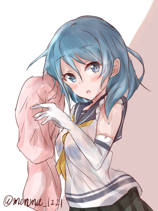 1girl, alternate_hairstyle, bare_shoulders, blue_eyes, blue_hair, blush, elbow_gloves, eyebrows