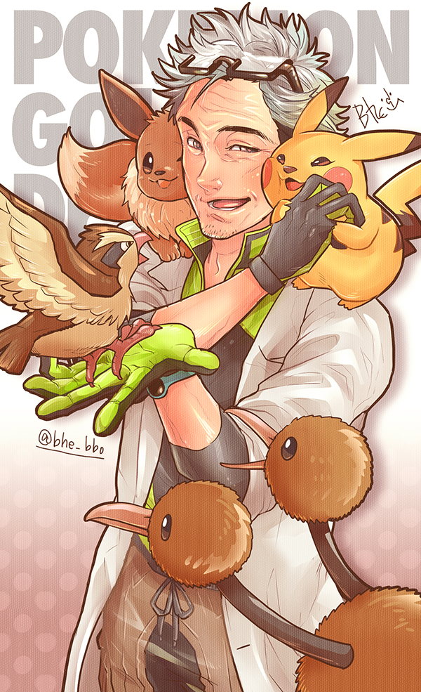 1boy, artist_name, beard, black_hair, bohe, brown_eyes, coat, copyright_name, doduo, eevee, facial_hair, glasses_on_head, gloves, grey_hair, multicolored_hair, open_mouth, pidgey, pikachu, pokemon, pokemon_(creature), pokemon_(game), pokemon_go, teeth, tongue, two-tone_hair, willow_(pokemon)