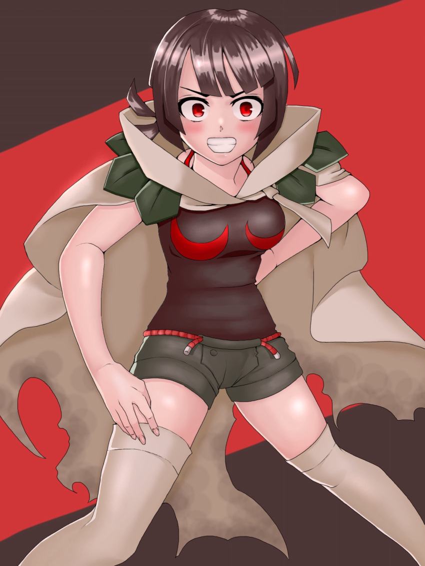 1girl, black_hair, blush, breasts, cloak, hashimoto_(soukidann2010), higana_(pokemon), highres