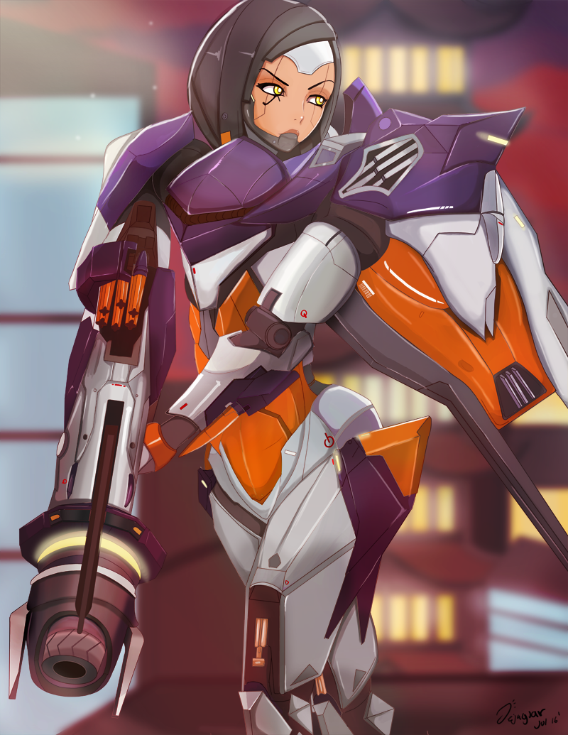 1girl, alternate_costume, commentary, cyborg, dark_skin, dejaguar, gun, jetpack