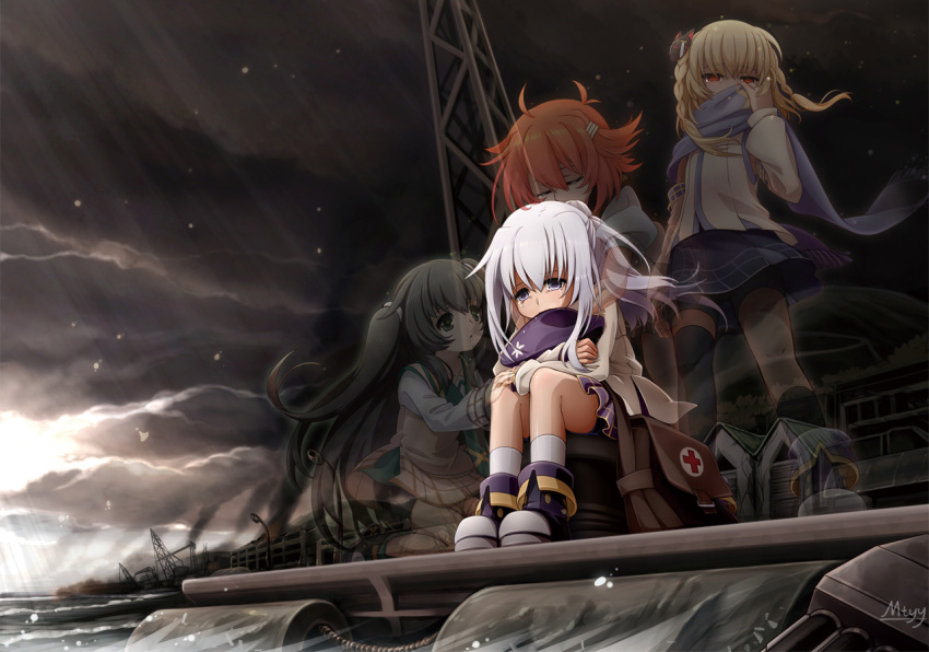 ahoge, artist_name, asymmetrical_legwear, bag, beret, bike_shorts, black_hair, black_shoes, black_shorts, blonde_hair, blue_scarf, blue_skirt, braid, cat_hair_ornament, closed_eyes, clouds, cloudy_sky, covered_mouth, crossed_arms, crying, detached_sleeves, fire, first_aid_kit, from_below, full_body, ghost, green_eyes, green_necktie, grey_sky, hair_between_eyes, hair_ornament, hairclip, hand_on_another's_knee, hat, holding, holding_hat, hug, hug_from_behind, kagerou_(zhan_jian_shao_nyu), kneeling, kuroshio_(zhan_jian_shao_nyu), lavender_eyes, lavender_hair, long_hair, long_sleeves, looking_at_another, looking_down, messenger_bag, mtyy, necktie, orange_hair, pleated_skirt, purple_hat, purple_shoes, purple_skirt, red_cross, red_eyes, ruins, sad, scarf, school_uniform, serafuku, shiranui_(zhan_jian_shao_nyu), shirt, shoes, short_hair, shorts, shoulder_bag, signature, sitting, skirt, sky, smoke, socks, standing, tears, twin_braids, twintails, vanishing_point, very_long_hair, white_legwear, white_shirt, yukikaze_(zhan_jian_shao_nyu), zhan_jian_shao_nyu