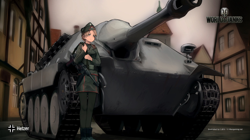 1girl, adapted_uniform, blonde_hair, braid, garrison_cap, ground_vehicle, gun, hat, highres, jagdpanzer_38(t), military, military_uniform, military_vehicle, motor_vehicle, mp40, shibafu_(glock23), short_hair, sling, solo, submachine_gun, tank, tied_hair, uniform, wargaming_japan, weapon, world_of_tanks