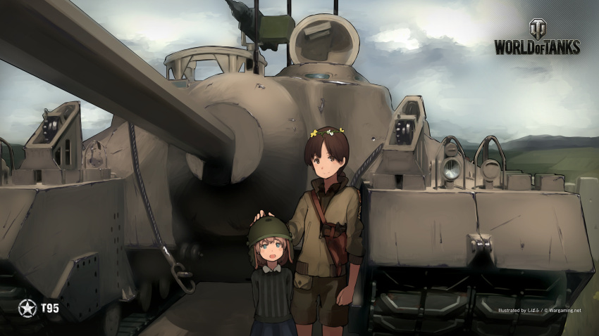 2girls, brown_hair, ground_vehicle, helmet, highres, military, military_vehicle, motor_vehicle