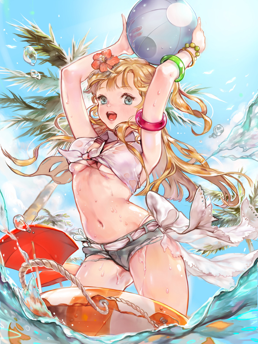 1girl, :d, arms_up, ball, bangs, beach_umbrella, beachball, belt