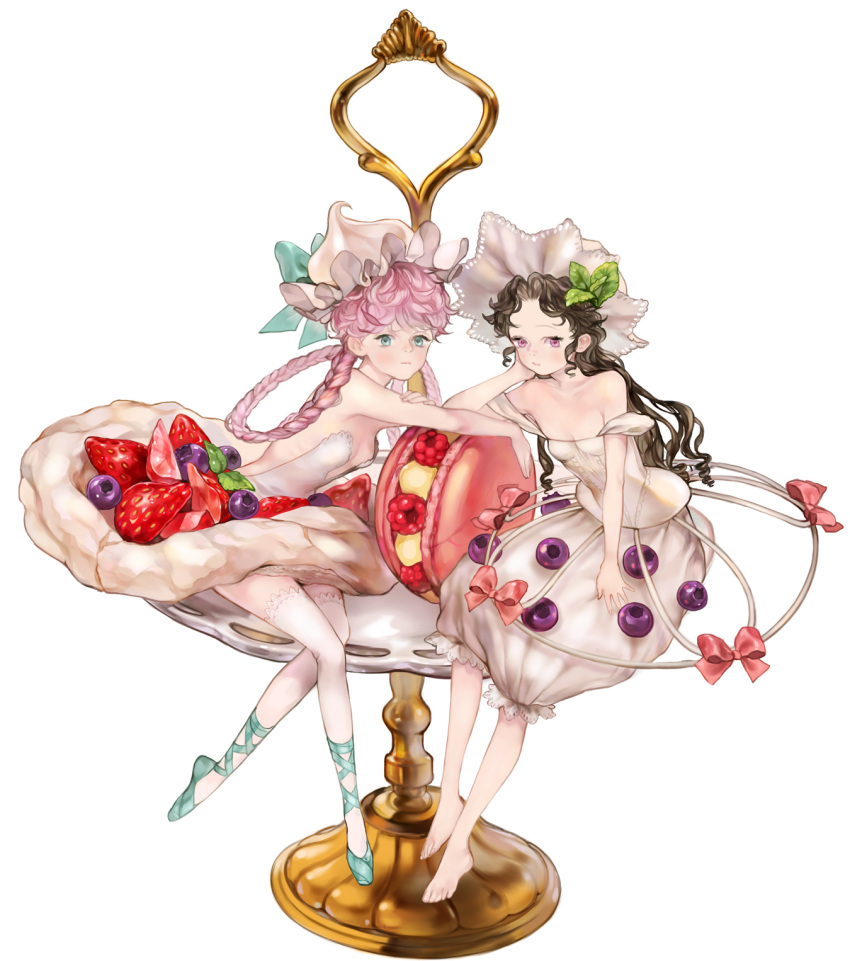 2girls, :|, ankle_lace-up, ballet_slippers, bangs, bare_shoulders, barefoot, berries