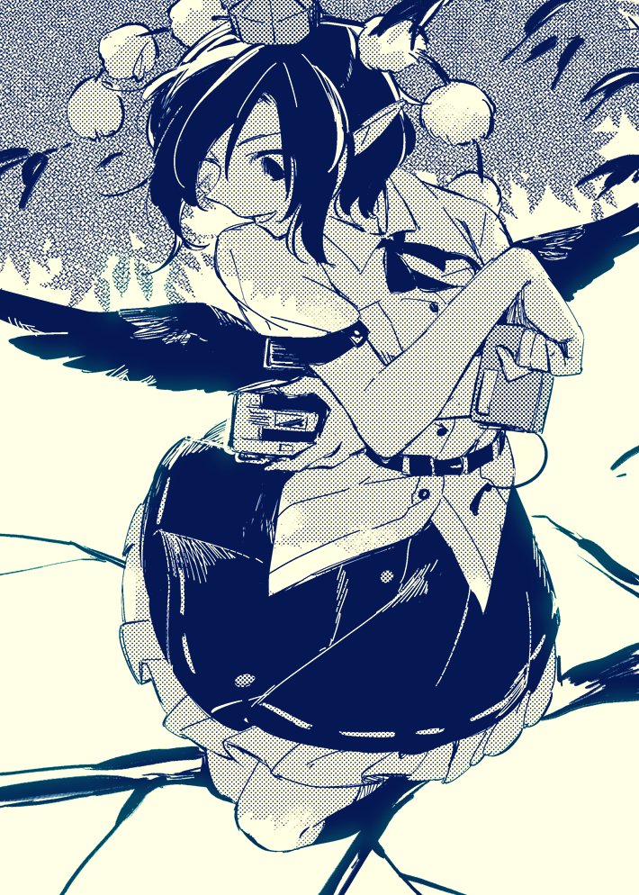1girl, black_wings, camera, hat, hichiko, monochrome, pom_pom_(clothes), shameimaru_aya