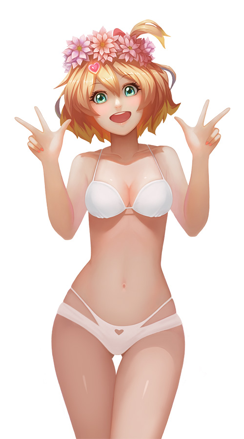 1girl, :d, bikini, blonde_hair, breasts, cleavage, double_v, flower