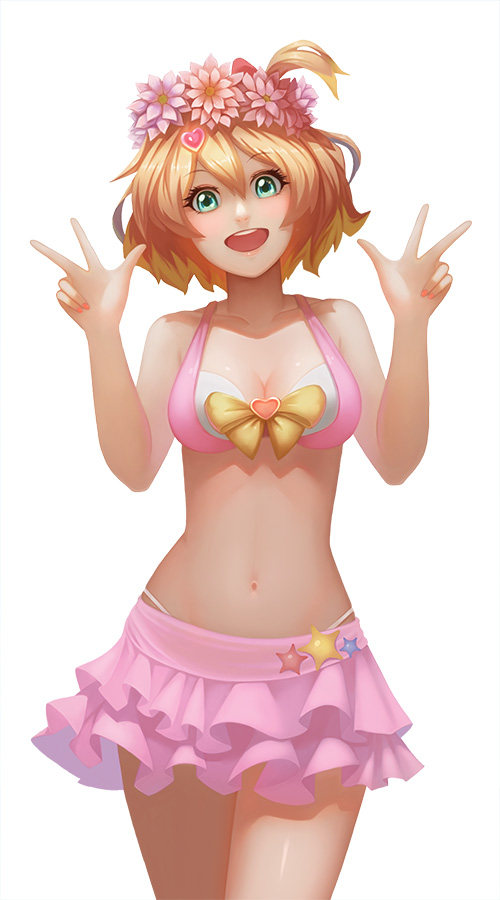 1girl, :d, bikini, bikini_skirt, blonde_hair, breasts, cleavage, double_v