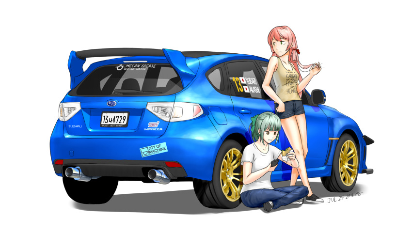 2girls, akashi_(kantai_collection), bow, brown_eyes, car, casual, commentary_request, crossed_legs, green_eyes, green_hair, greythorn032, ground_vehicle, hair_bow, hair_ribbon, highres, indian_style, kantai_collection, long_hair, motor_vehicle, multiple_girls, open_mouth, pink_hair, ponytail, ribbon, shorts, sitting, smile, subaru_(brand), subaru_impreza, tank_top, tress_ribbon, twintails, vehicle, yuubari_(kantai_collection)