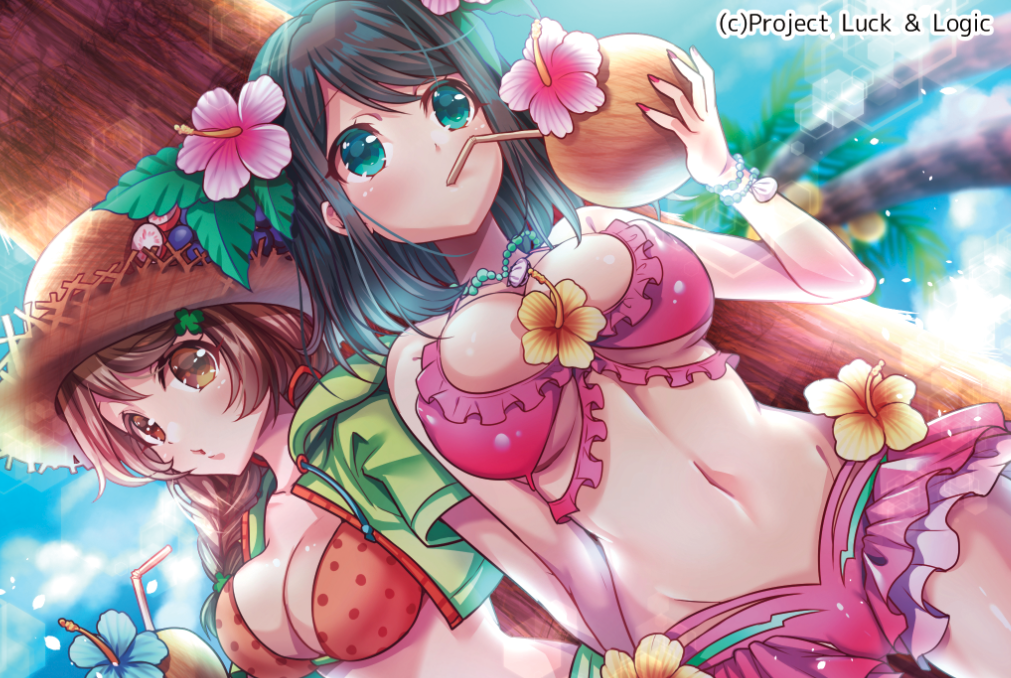:o, aqua_eyes, asakishoten, bangs, bead_bracelet, bead_necklace, bendy_straw, bikini, black_hair, blue_flower, blue_sky, blurry, bracelet, braid, breasts, brown_eyes, brown_hair, cleavage, clouds, clover_hair_ornament, coconut, coconut_tree, copyright_name, cropped_jacket, depth_of_field, drawstring, drink, drinking, drinking_straw, dutch_angle, eyelashes, fingernails, flower, food, frills, fruit, green_jacket, hair_flower, hair_ornament, hair_over_shoulder, hair_tie, hat, hexagon, hibiscus, holding, hood, hood_down, hooded_jacket, jacket, jewelry, large_breasts, leaf, lens_flare, long_fingernails, long_hair, looking_at_viewer, looking_away, low_twintails, luck_&amp;_logic, mouth_hold, nail_polish, nanahoshi_yukari, navel, open_clothes, open_jacket, orange_bikini, outdoors, palm_tree, pink_bikini, pink_flower, polka_dot, polka_dot_bikini, red_flower, red_nails, sharp_fingernails, shell_necklace, shiny, shiny_skin, sky, stomach, straw_hat, summer, swept_bangs, swimsuit, tree, twin_braids, twintails, under_boob, under_tree, watermark, yellow_flower, yurine_tamaki