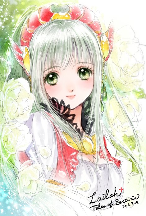 1girl, green_eyes, hairband, lailah_(tales), long_hair, ponytail, shiitake_(gensoudou), smile