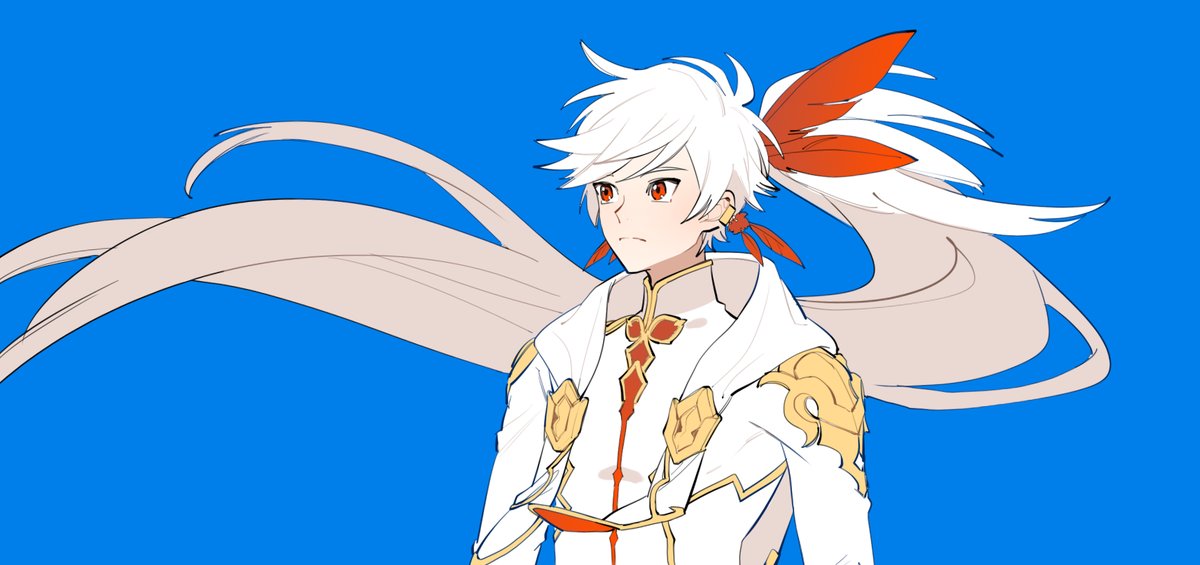 1boy, earrings, feather_earrings, feathers, fusion, ho-dan., jewelry, kamui_(tales_of_zestiria), lailah_(tales), long_hair, male_focus, omaru_y, ponytail, red_eyes, solo, sorey_(tales), tales_of_(series), tales_of_zestiria, very_long_hair, white_hair