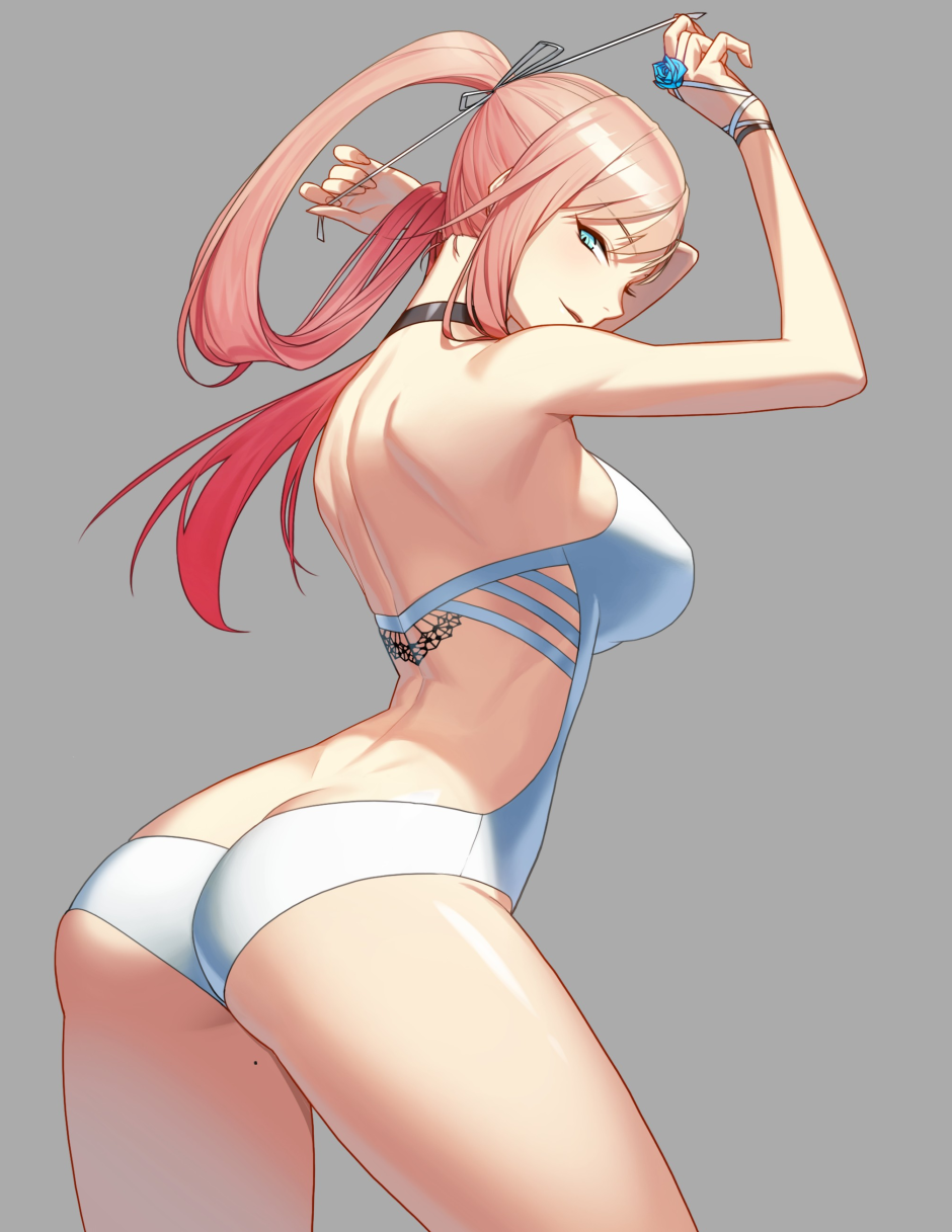 1girl, adjusting_hair, aqua_eyes, arched_back, ass, back, bangs, bare_shoulders