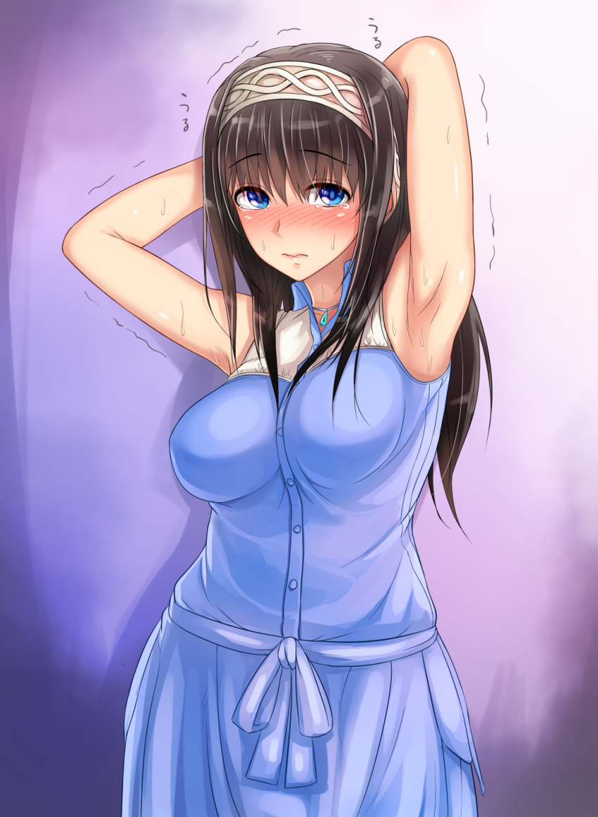 1girl, armpits, arms_behind_head, arms_up, black_hair, blue_eyes, blush, breasts