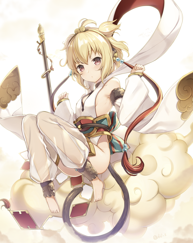 1girl, 6u_(eternal_land), :o, anchira_(granblue_fantasy), bare_shoulders, barefoot, bent_knees, blonde_hair, blush, breasts, brown_eyes, clenched_hands, clouds, commentary_request, detached_sleeves, erun_(granblue_fantasy), flying_nimbus, full_body, granblue_fantasy, hair_ornament, hairband, knees_together_feet_apart, looking_at_viewer, monkey_tail, red_eyes, revealing_clothes, see-through, short_hair, sideboob, small_breasts, solo, staff, wide_sleeves