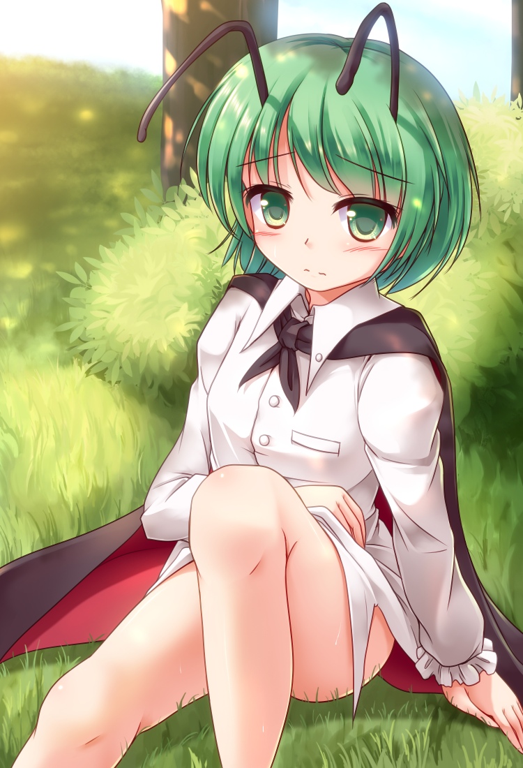 1girl, antennae, ass, blue_sky, blush, bottomless, bush, cape