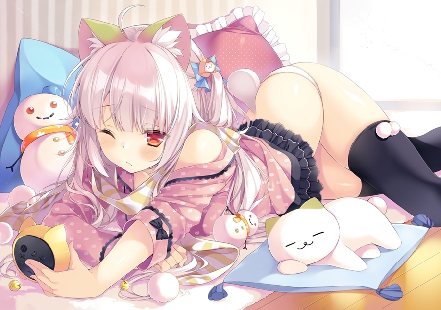 1girl, ahoge, alarm_clock, animal_ears, ass, bare_shoulders, black_legwear, black_skirt