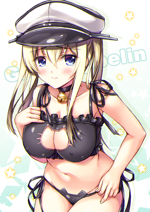 1girl, alternate_costume, bell, bell_choker, black_bra, black_panties, blonde_hair, bra