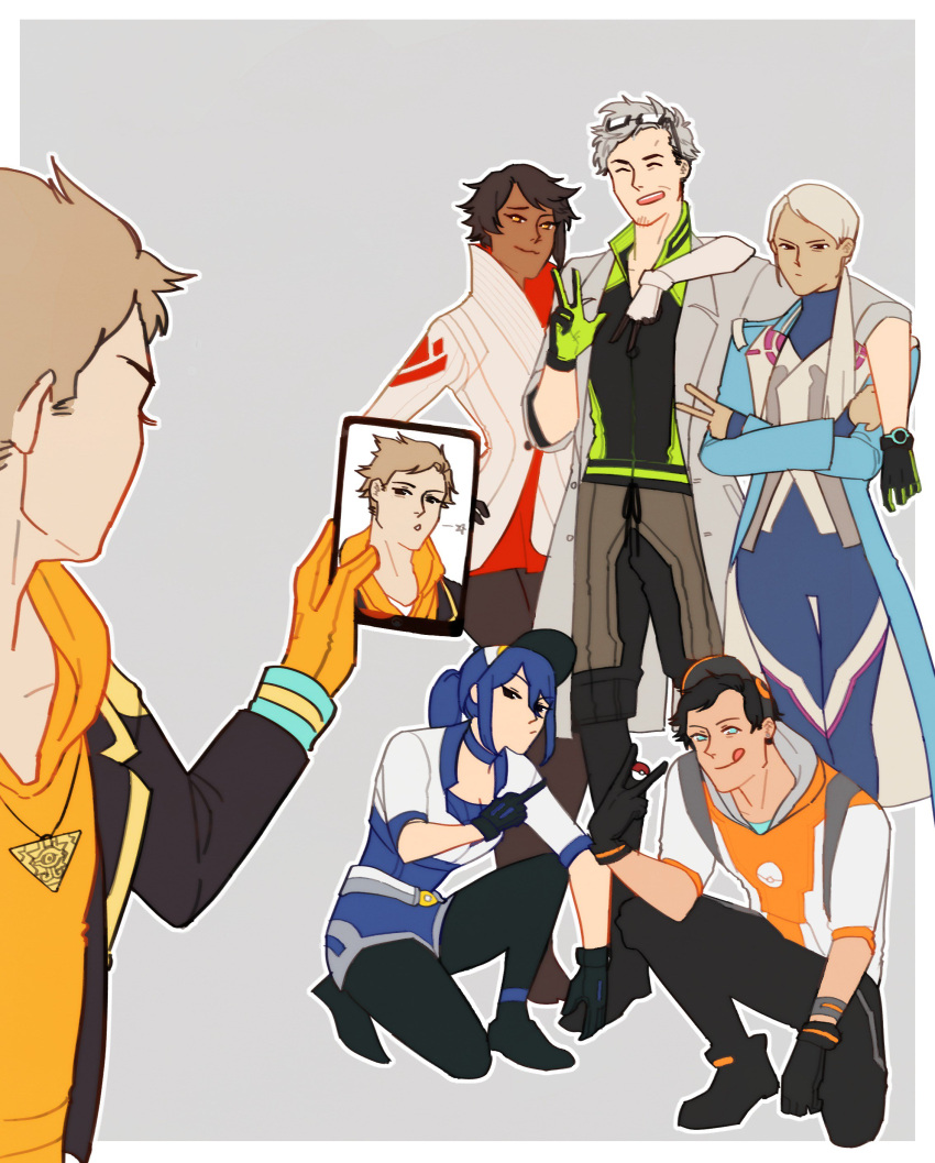 2girls, 3boys, absurdres, androgynous, baseball_cap, blanche_(pokemon), blonde_hair, blue_eyes, blue_hair, brown_hair, candela_(pokemon), closed_eyes, crossed_arms, dark_skin, female_protagonist_(pokemon_go), gloves, grey_background, hat, highres, holding, holding_poke_ball, leggings, male_protagonist_(pokemon_go), middle_finger, millennium_puzzle, multiple_boys, multiple_girls, old_man, outline, pantyhose, parody, poke_ball, pokemon, pokemon_go, ponytail, pose, self_shot, selfie, selfie_prank_(meme), simple_background, smile, spark_(pokemon), squatting, tablet_pc, tongue, tongue_out, v, visor_cap, white_gloves, white_hair, willow_(pokemon), you're_doing_it_wrong, yuu-gi-ou
