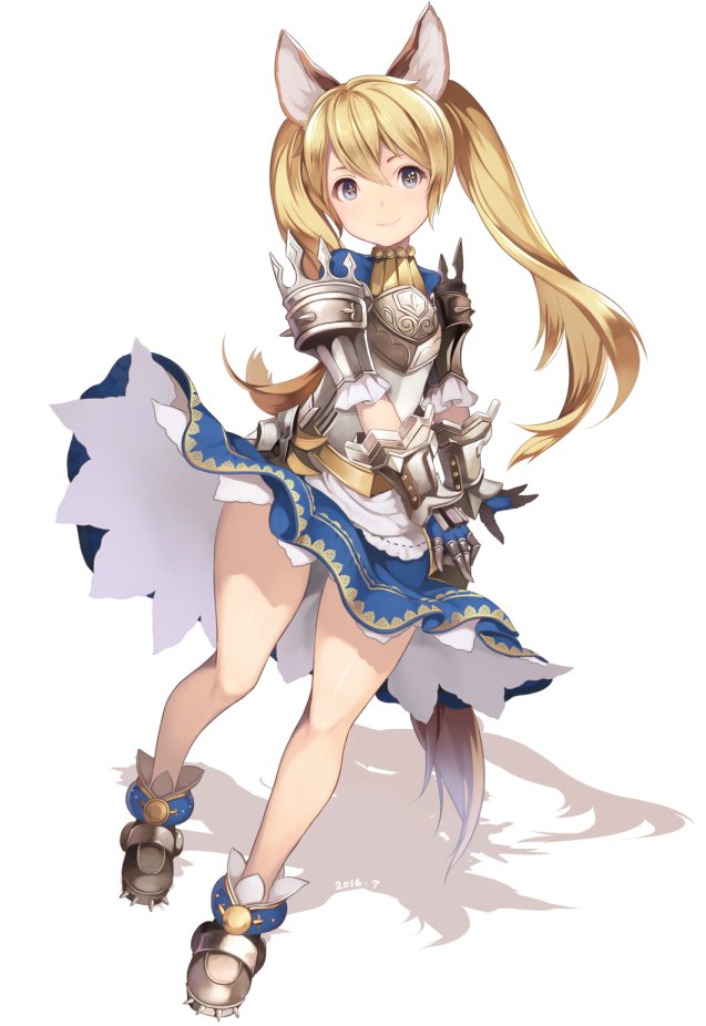 1girl, animal_ears, apron, armor, blonde_hair, blue_dress, blue_eyes, boots