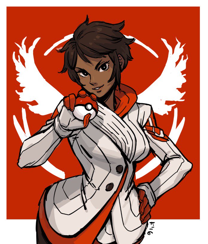 1girl, 2016, brown_hair, candela_(pokemon), cowboy_shot, dark_skin, gloves, hand_on_hip