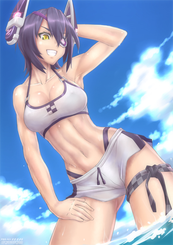 1girl, adapted_costume, bikini, bikini_shorts, black_hair, checkered, checkered_necktie, ebr-kii