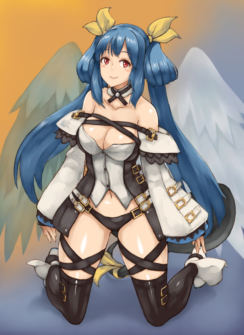 1girl, angoha, bare_shoulders, belt, black_legwear, black_panties, blue_hair, blush, breasts, cleavage, detached_sleeves, dizzy, guilty_gear, guilty_gear_xrd, hair_ribbon, highres, kneeling, long_hair, looking_at_viewer, navel, panties, red_eyes, ribbon, smile, solo, tail, tail_ribbon, thigh-highs, twintails, underwear, yellow_ribbon