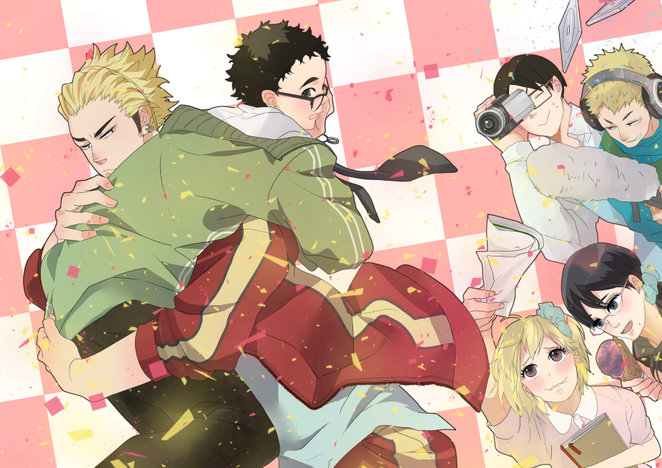 2girls, 4boys, adjusting_glasses, blonde_hair, brown_eyes, brown_hair, camcorder, carrying_over_shoulder