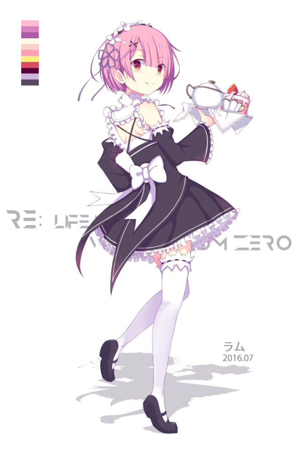 1girl, 2016, ashirayt, character_name, copyright_name, dated, detached_sleeves, hair_ornament, hairclip, leg_up, long_sleeves, looking_back, maid, maid_headdress, mary_janes, pink_hair, plate, ram_(re:zero), re:zero_kara_hajimeru_isekai_seikatsu, red_eyes, ribbon_trim, shoes, short_hair, simple_background, smile, solo, thigh-highs, white_background, white_legwear, wide_sleeves, zettai_ryouiki