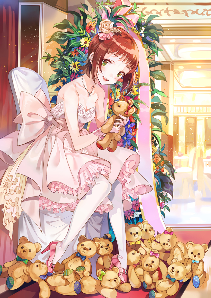 1girl, amami_haruka, bare_shoulders, blush, breasts, brown_hair, chair, cleavage