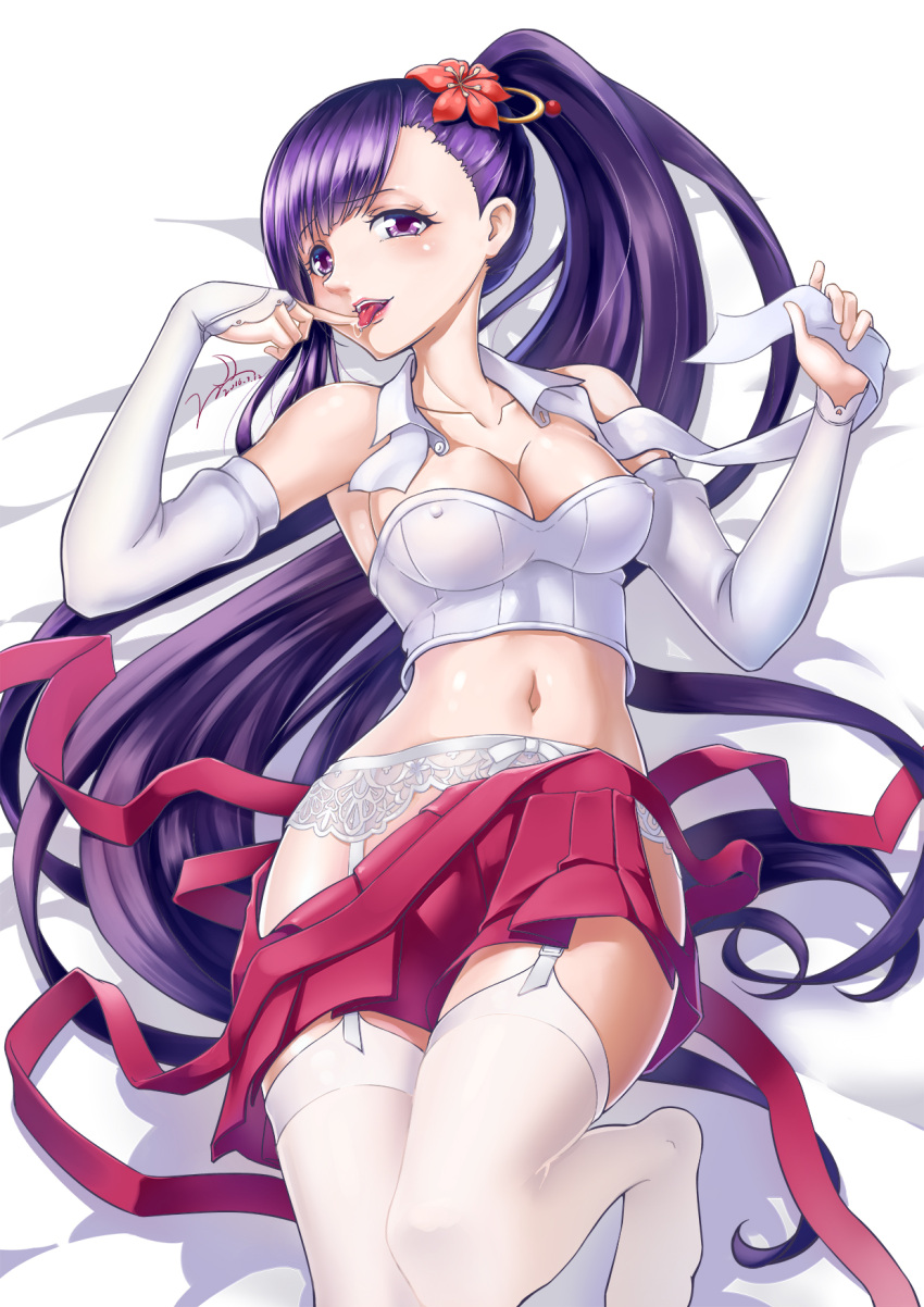 1girl, breasts, bridal_gauntlets, cleavage, elbow_gloves, garter_belt, gloves, highres