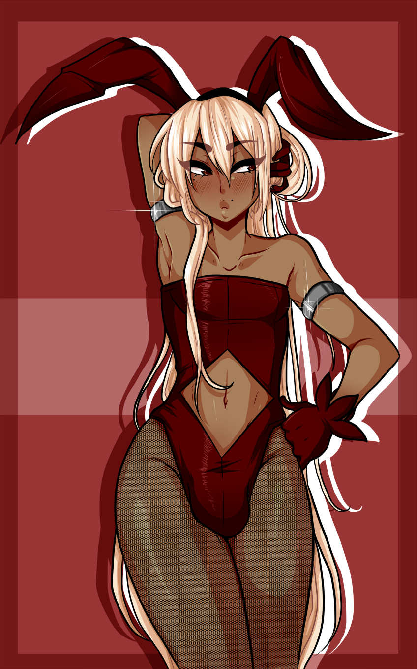 1boy, animal_ears, armband, armpits, bare_shoulders, blush, border, bulge