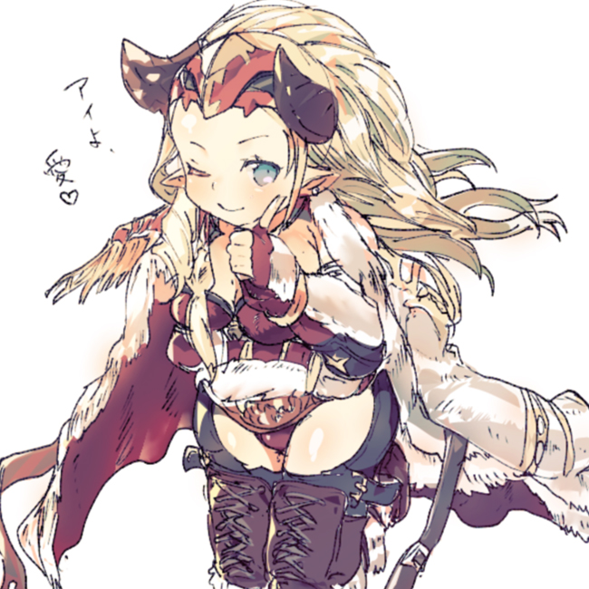 1girl, ;), blonde_hair, blue_eyes, breasts, chaps, cleavage, doraf, earrings, fastiva, fingerless_gloves, genderswap, genderswap_(mtf), gloves, gorirago, granblue_fantasy, heart, horns, jacket_on_shoulders, jewelry, leotard, long_hair, mask, mask_on_head, one_eye_closed, pointy_ears, red_gloves, smile, solo, wrestling_mask, wrestling_outfit