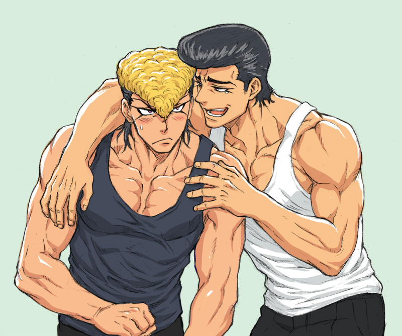 2boys, arm_around_shoulder, black_hair, blonde_hair, blue_background, blush, brothers, dangan_ronpa