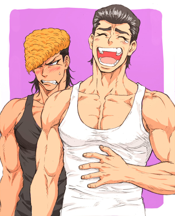2boys, black_hair, blonde_hair, blush, brothers, clenched_teeth, dangan_ronpa, dangan_ronpa_1