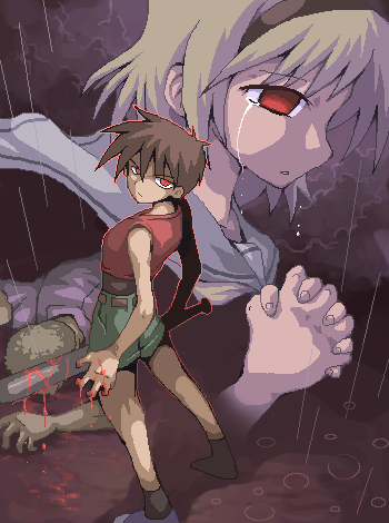 1girl, 2boys, angst, bangs, baseball_bat, blonde_hair, blood, bloody_weapon