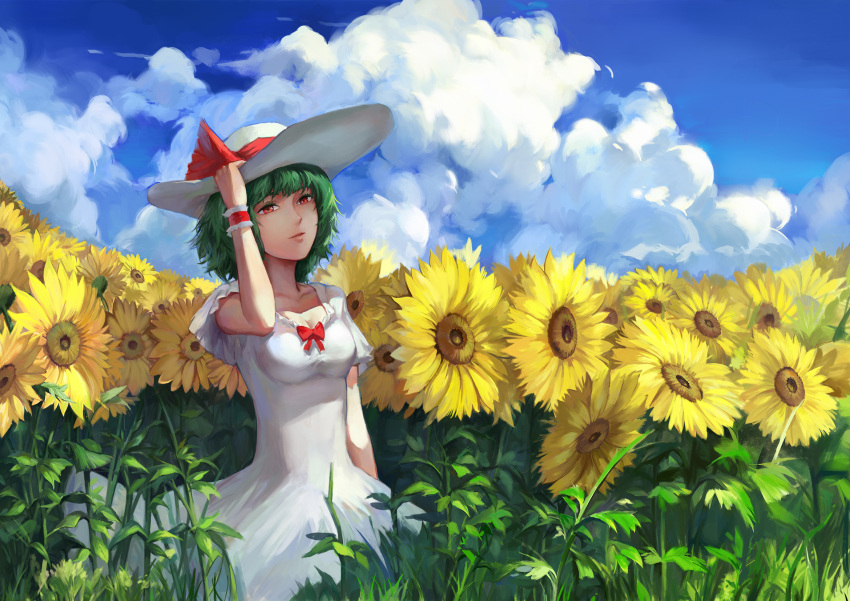 1girl, adjusting_clothes, adjusting_hat, alternate_costume, blue_sky, clouds, dress, field