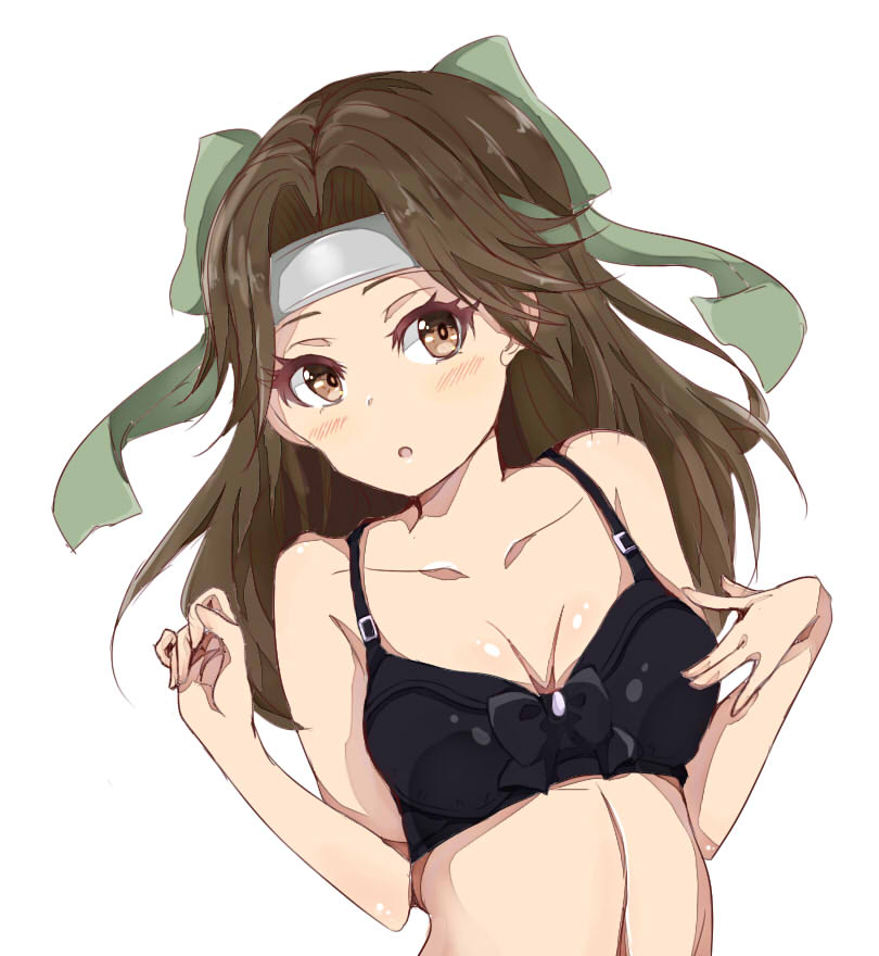 1girl, :o, alternate_costume, bare_arms, black_bra, blush, bra, breasts