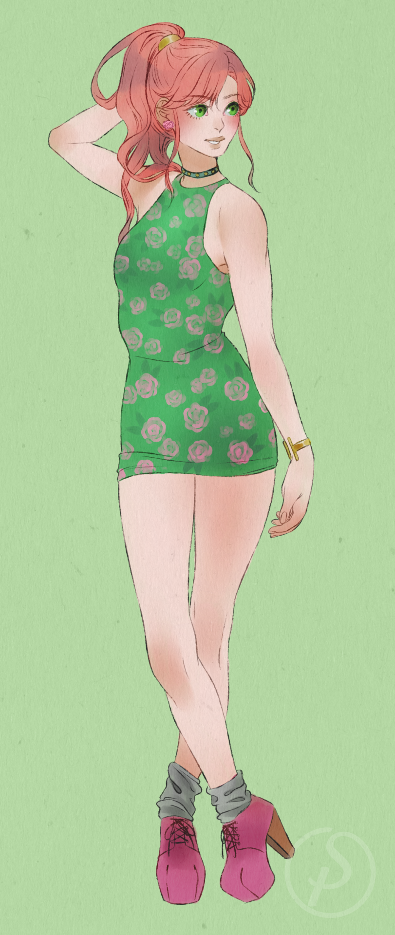 1girl, bare_legs, bishoujo_senshi_sailor_moon, bracelet, brown_hair, casual, choker, crossed_legs