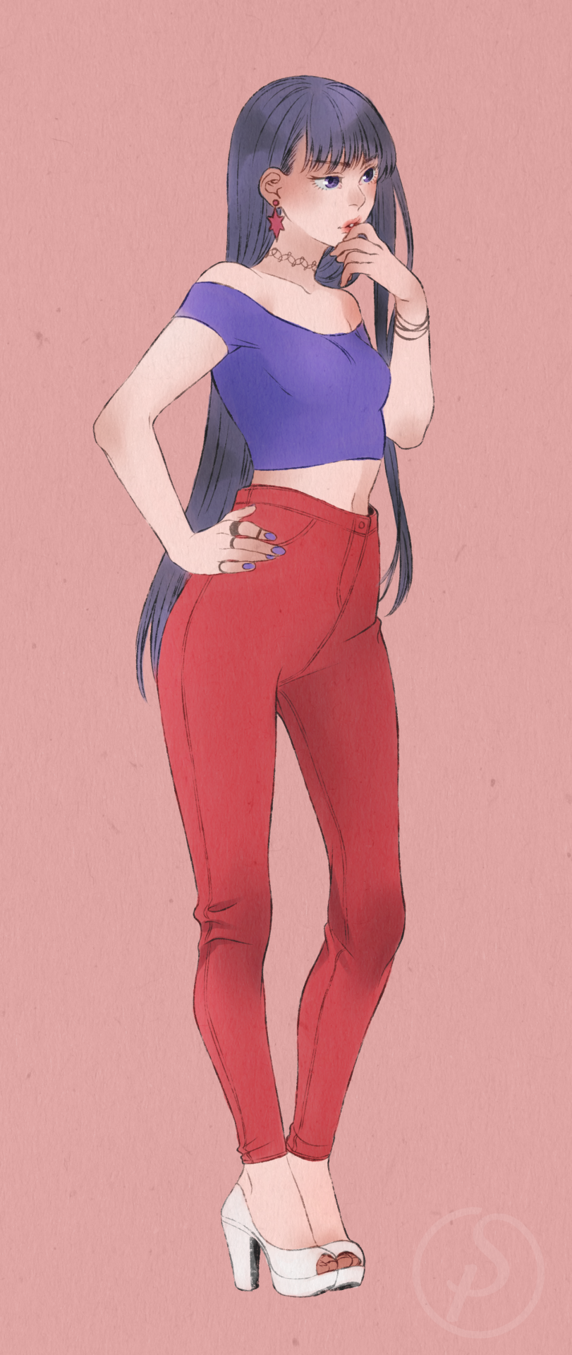 1girl, bangs, bare_shoulders, bishoujo_senshi_sailor_moon, black_hair, blunt_bangs, casual, choker